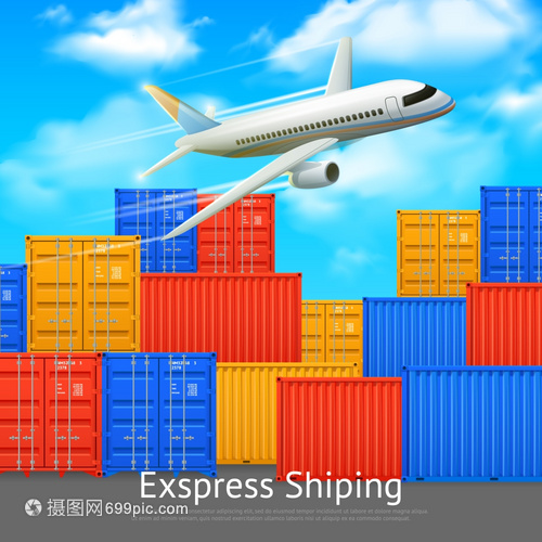 快遞貨運集裝箱海報快遞海報與同顏色的貨物集裝箱露天儲存飛機矢量插圖